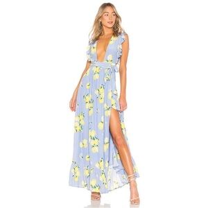 MAJORELLE Blue Lemon-Print Plunge Maxi Dress
